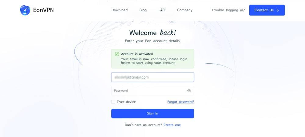 Sign in to EonVPN