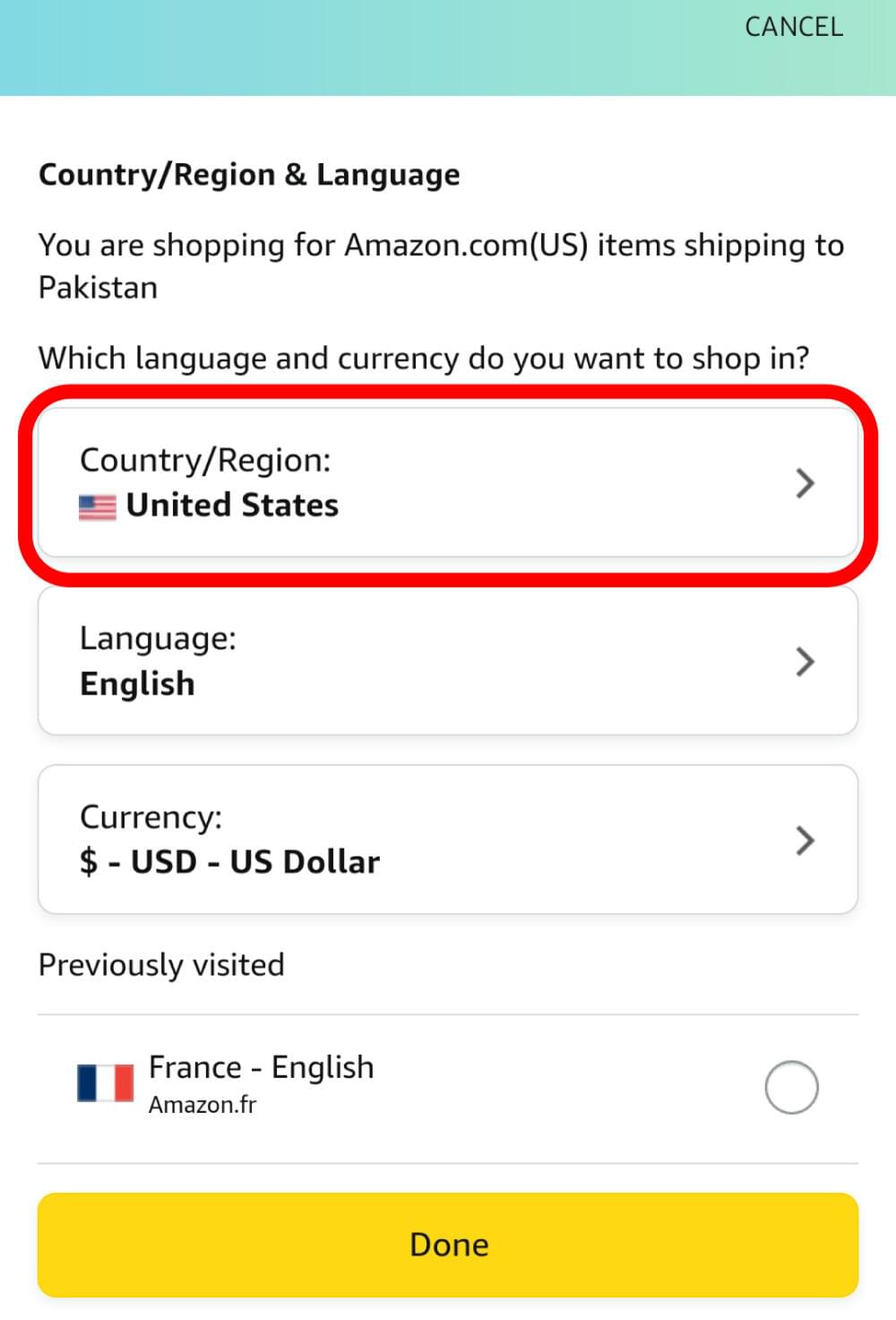 Amazon region change